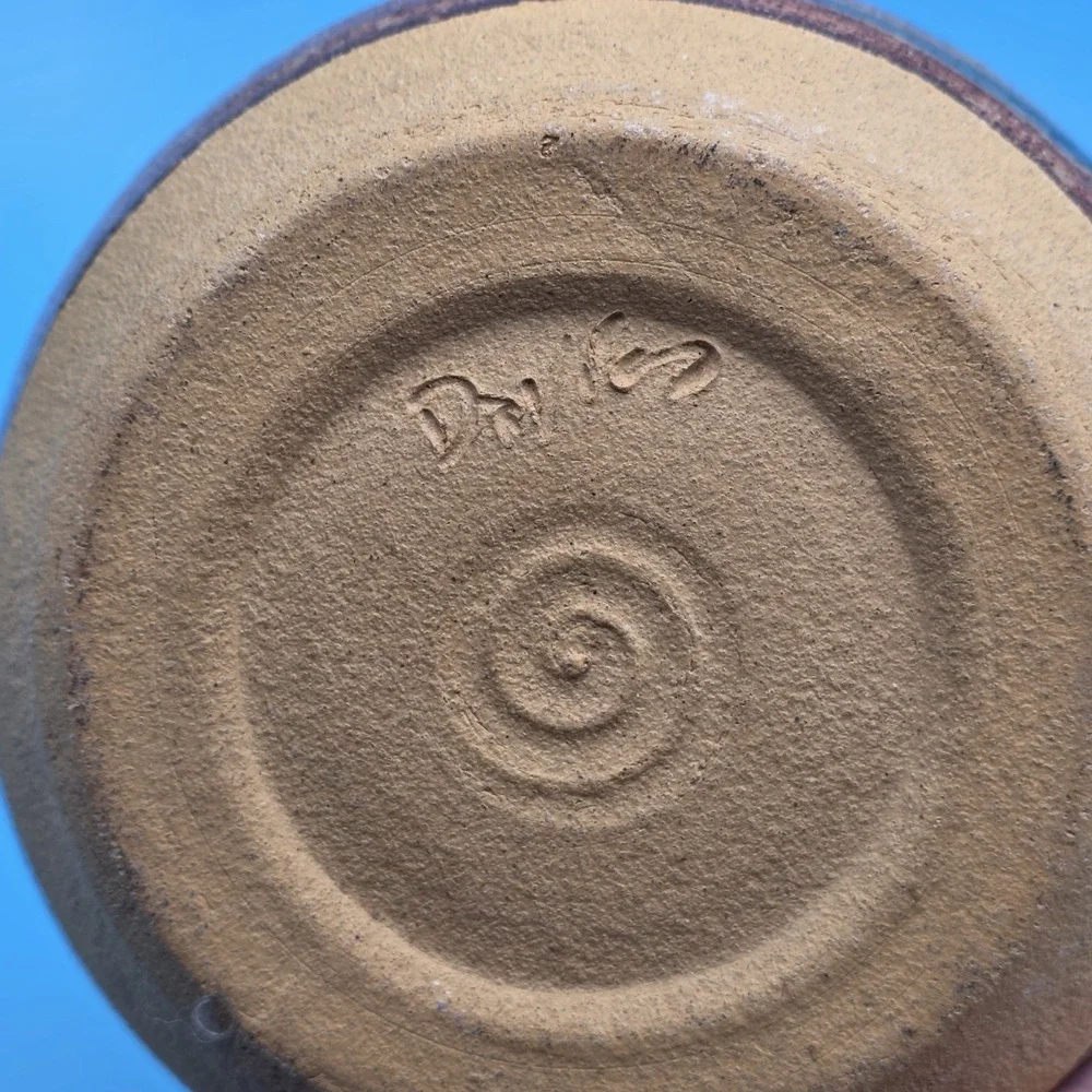 Signed Studio Pottery Bowl‎ With Spout And Spoon Brown With Blue Accents
